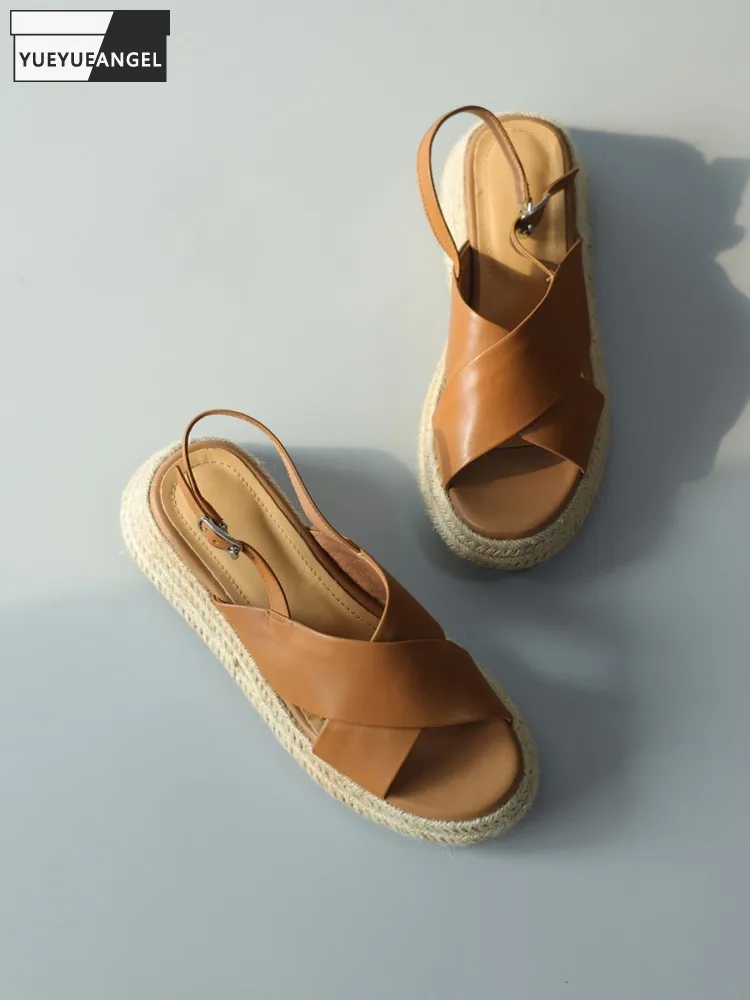 Elegant Women New Summer Comfortable Buckle Genuine Leather Sandals Grass Woven Base Height Increase Shoes Ladies Wedges Sandals