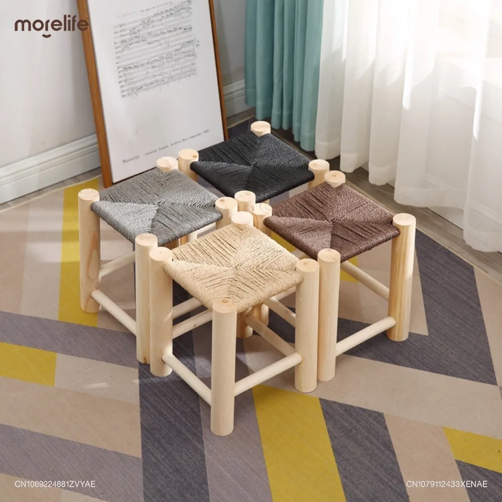 

Wooden Woven Shoe Changing Stool Pine Stools Non-slip Hand Woven Solid Wood Stool Household Living Room Furniture New K01