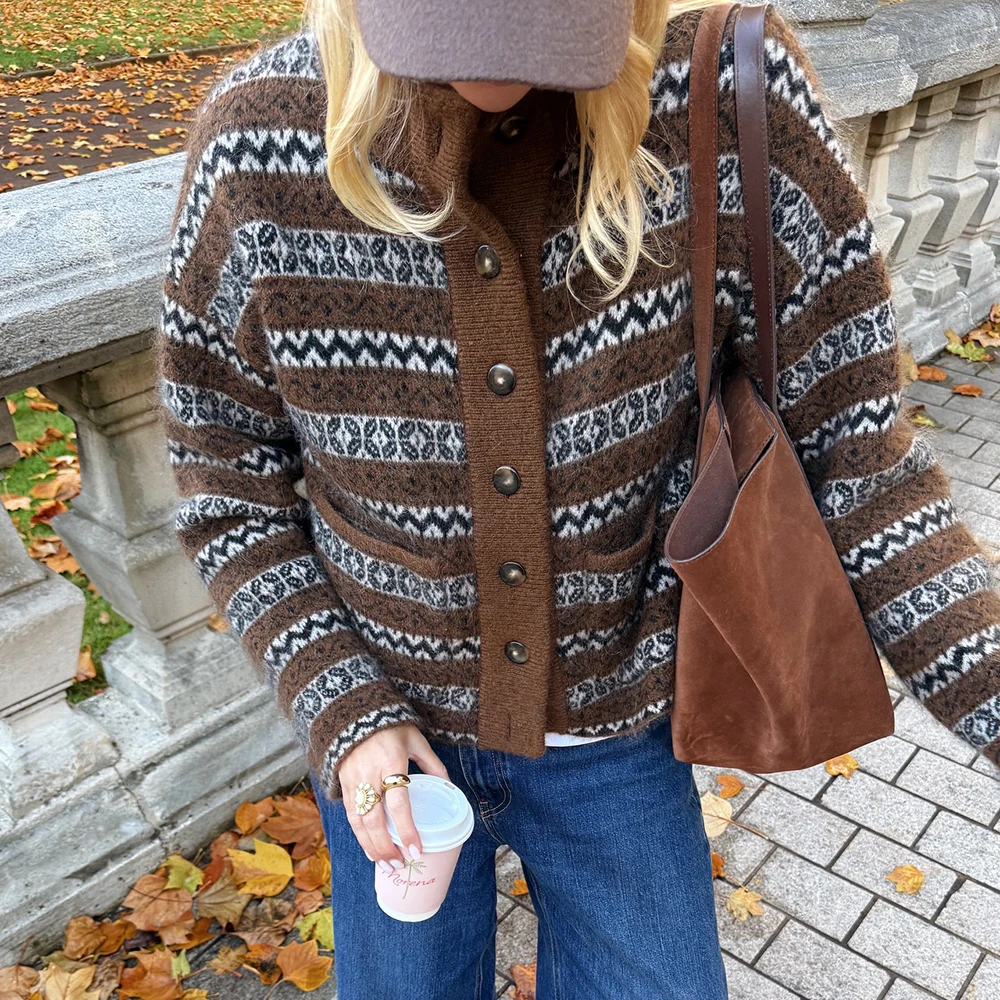 

Geometric Jacquard Designer Cardigan Women Winter Spring Wool Blend Casual Sweater Outerwear Fashion Knit Cardigans Streetwear