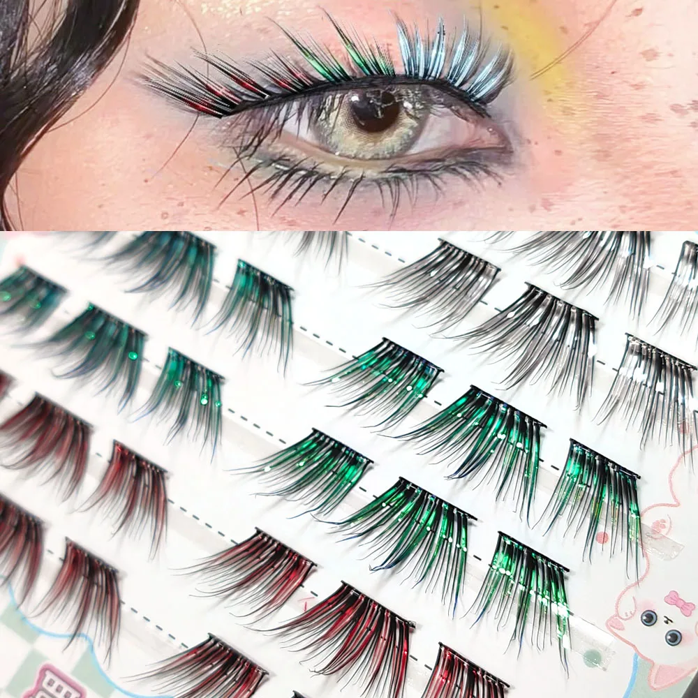 [NO NEED GLUE] Makeup Colorful Individual False Eyelashes Laser Shinny Dramatic Looking Color Segmented Eyelash Extension Party