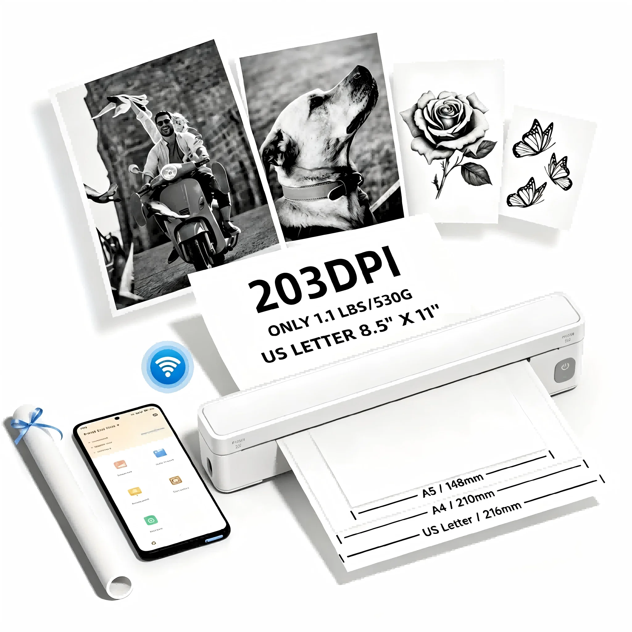 A10a Tragbarer Thermodrucker, tintenloser Thermodrucker, unterstützt US Letter- und A4-Format, für Unternehmen/Büro/Zuhause, kompatibel mit Telefon, Tablet und Laptop, wird mit 10 Thermopapierblättern