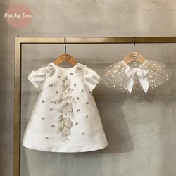 Baby Girl Princess Silk Dress Infant Toddler Child Pearl Beading Flower Lace Vestido Party Pageant Birthday Baby Clothes 1-12Y