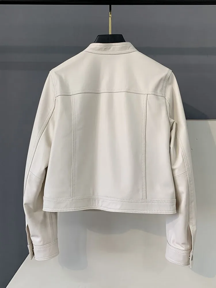 Manteau court en cuir véritable de mouton pour femme, simple boutonnage, col montant, veste de moto Vintage, mode dames, automne hiver