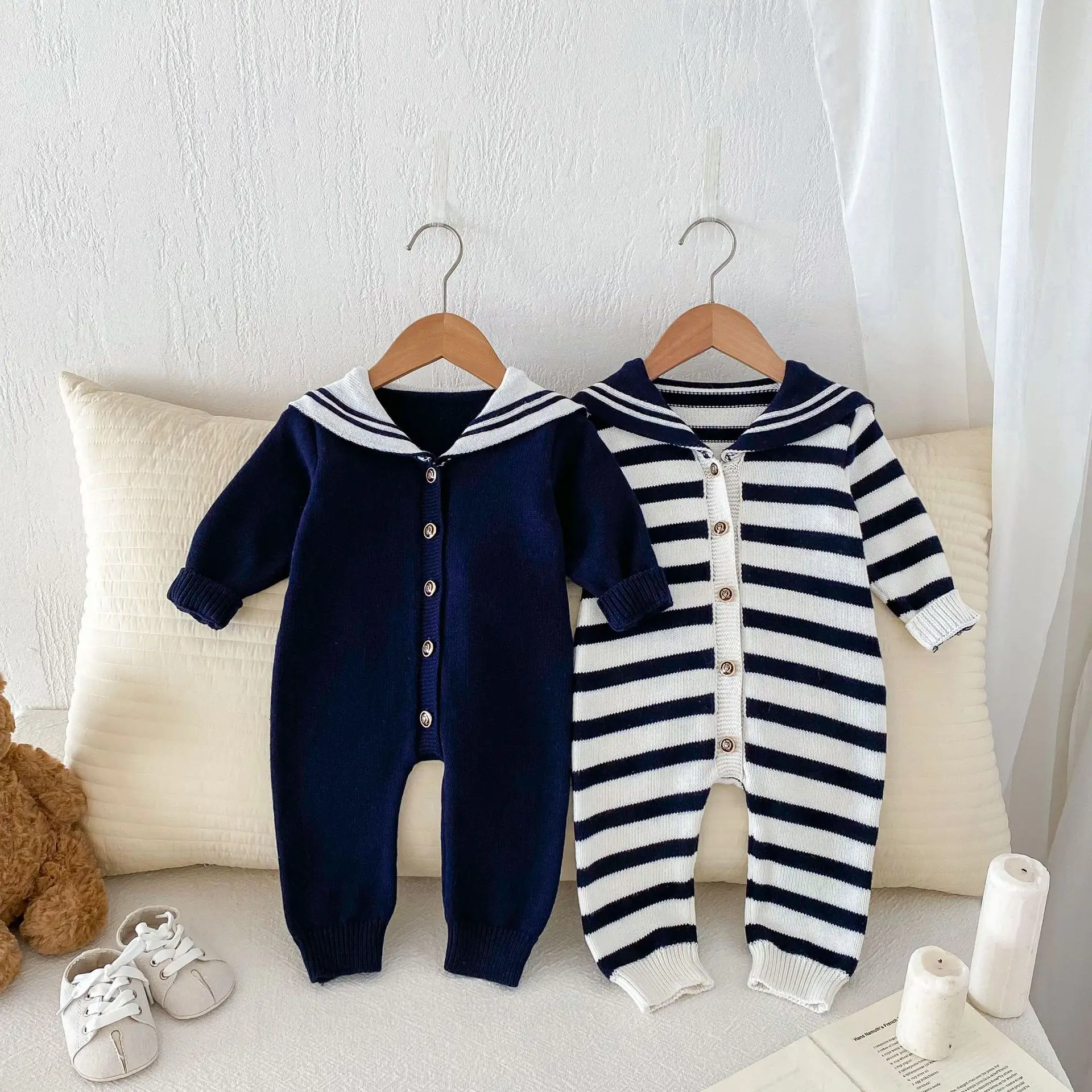 Autumn Winter Baby Boys Jumpsuit Sailor Collar Striped Cotton Knitted Toddler Boys Bodysuit Single Breasted Infant Boys Rompers