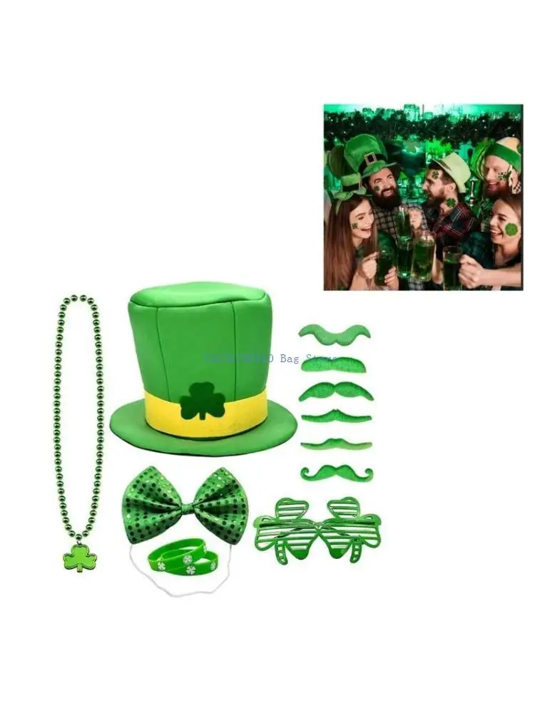 340D Delicate Shamrock Hat with Glasses Ladies Cosplay Patricks Day Party Mustache&Bangles&Beads Necklace Costume
