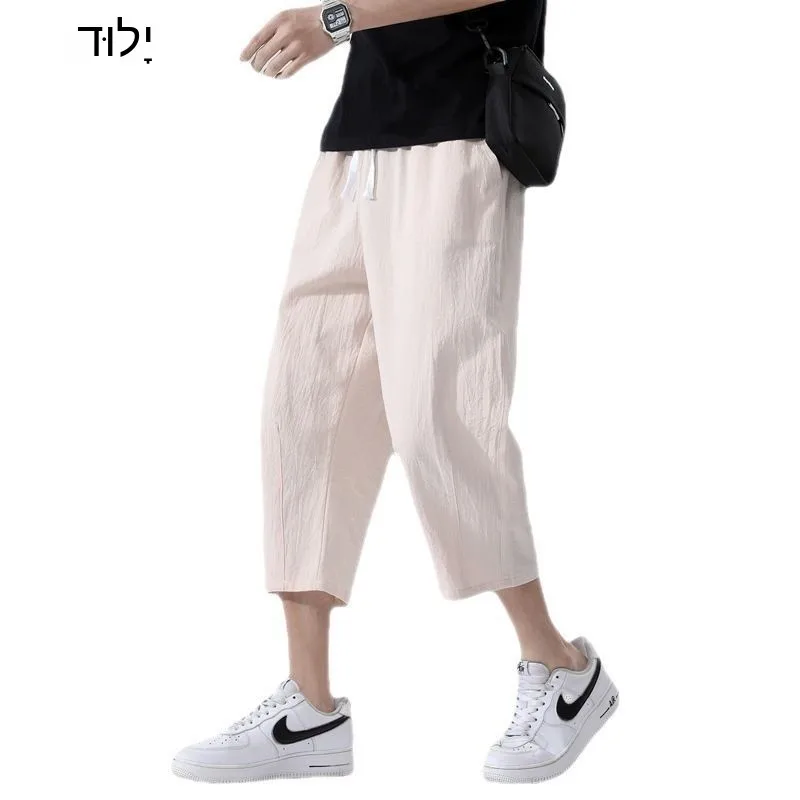 Men's Linen Shorts Summer Thin Loose Casual Pants Harajuku Style Elastic Waist mid Waist Youth Vitality Cotton Linen Blend