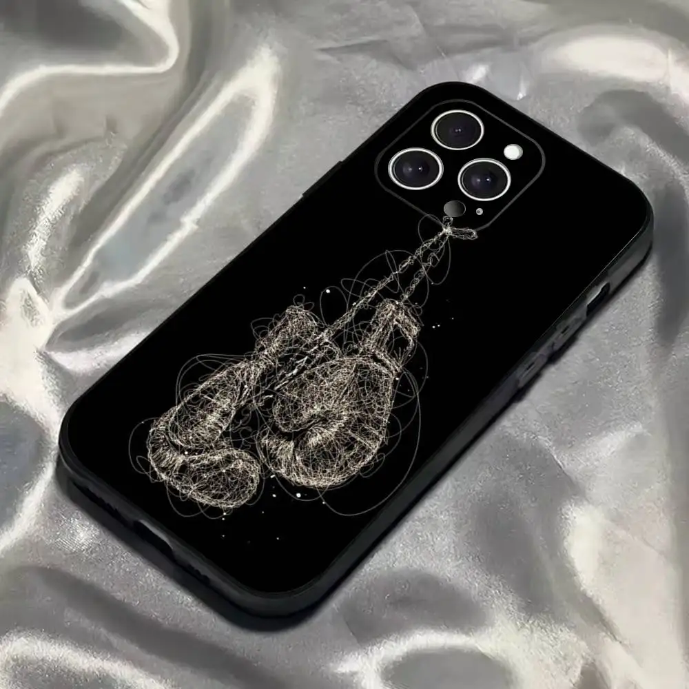 Étui de téléphone avec gants de boxe pour iPhone 16,15,14,13,12,11,Pro,Max,Plus,X,XS,SE4,E,Mini, étui noir souple