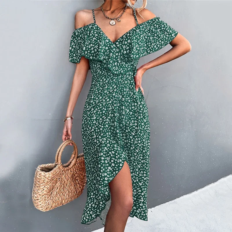 

Women Summer Sexy Straps Dress Off Shoulder Ruffles Casual Beach Dresses Female Floral Print Birthday Party Dress Robe Vestidos
