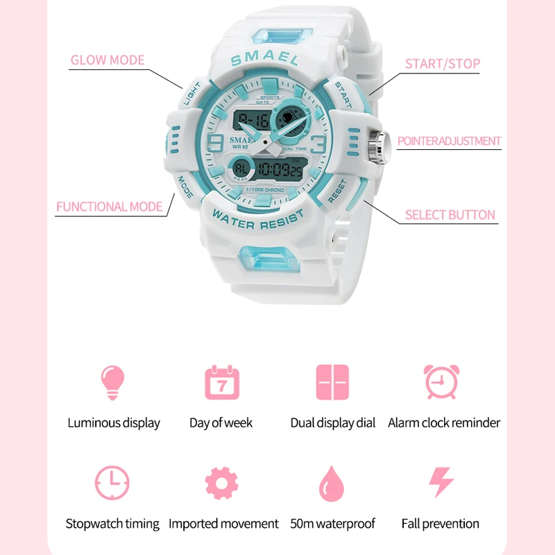 Women Quartz Wristwatches White Clock 50M Waterproof Dual Time Alarm Clock Auto Date Fashion Watch 8083 Sport Watches Female