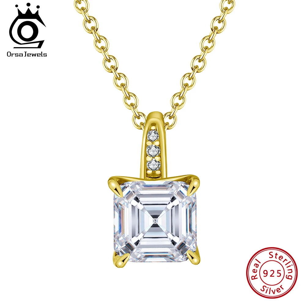 

ORSA JEWELS Popular 925 Sterling Silver 1/2/3/4ct 8A Premium Cubic Zirconia Pendant Necklaces Square CZ Collar Romantic LZN15