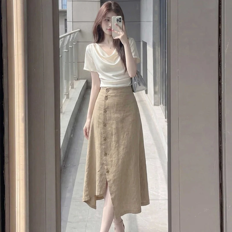2026 Summer Khaki Irregular Breasted Skirts for Women Korean High Waist Swing Umbrella Skirt Slim Fit Temperament Elegant Dress