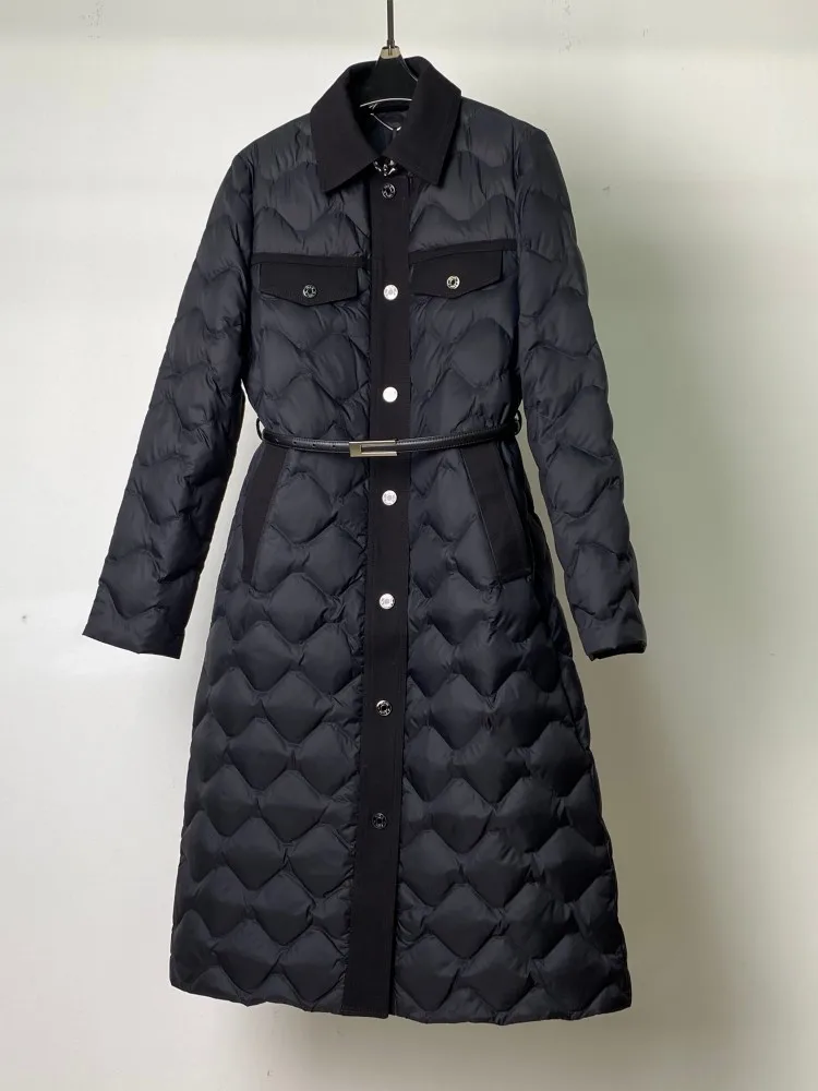 Wysokiej jakości damska kurtka puchowa jednorzędowa z paskiem, ciepła długa kurtka z kołnierzem, elegancka odzież biurowa, streetwear, casualowy płaszcz.