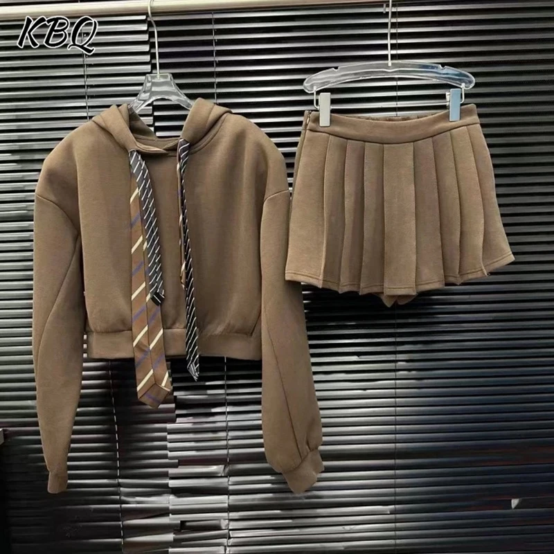 

KBQ Relaxed Casual Two Piece Set for Women Niche Tie Hooded Long Sleeved Sweatshirt High Waisted Pleated Skirt Chic Set Female