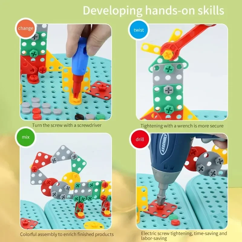 203pcs Drilling Screw 3D Creative Mosaic Puzzle Toys Children Building Bricks Kids DIY Electric Drill Set Boys Educational Toy