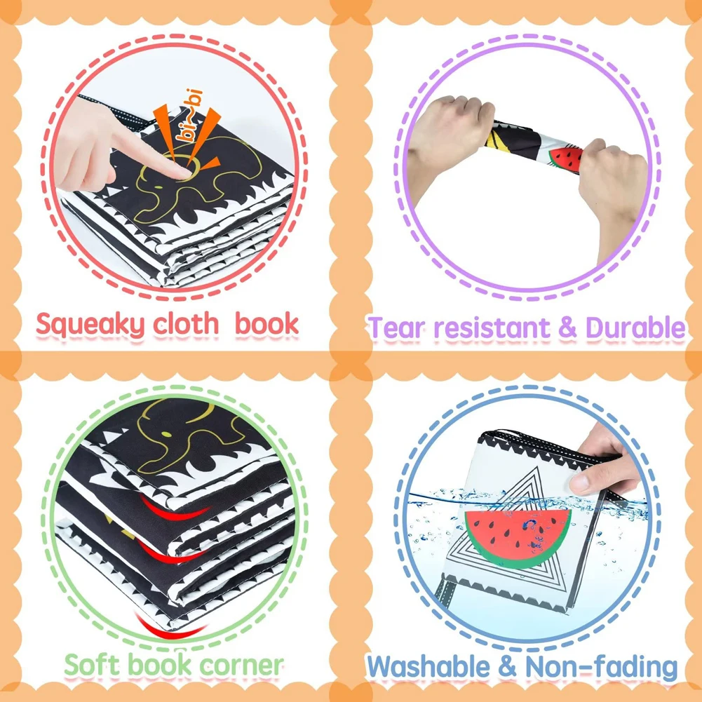 Baby Cloth Book High Contrast Baby Toys 0-36 Months Newborn Crib Toys Black and White Animal Sensory Cloth Books Montessori Toys