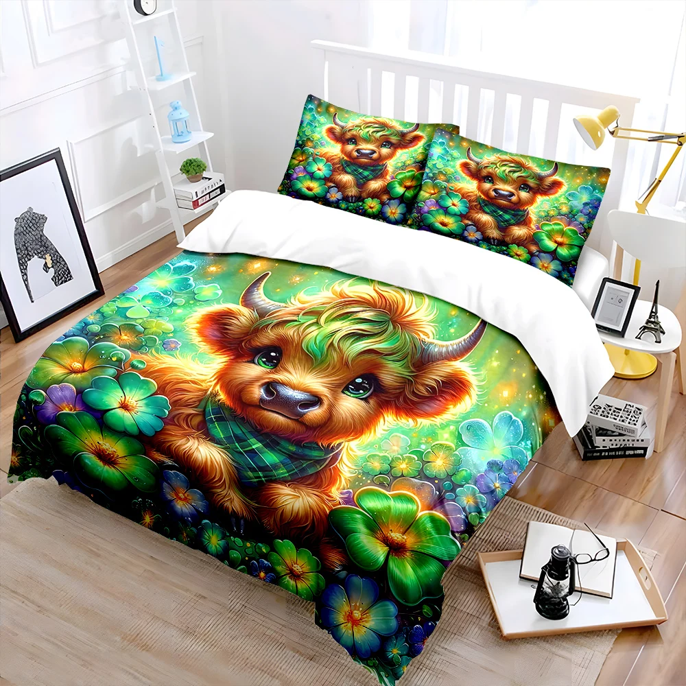 Cute Highland cattle and four-leaf clover Pattern Duvet Cover Set Digital Print Colorful Polyester Bedding with Zipper Closur