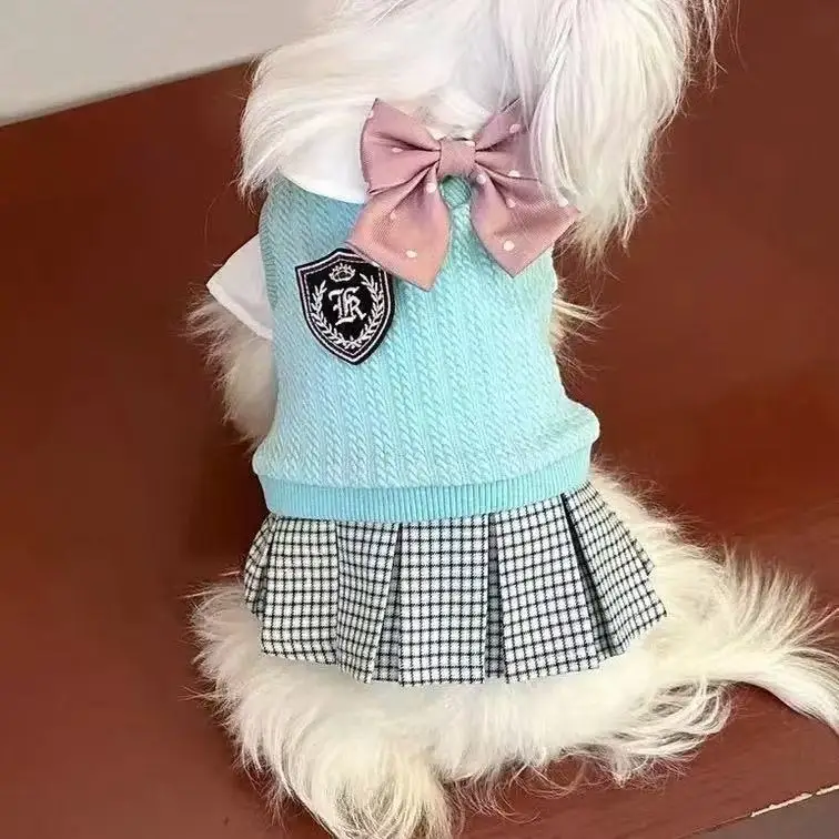 Autumn and Winter College Dress, Pet Sweater Pet Plaid Dress Cat Small Dog Clothes Cute Bow Tie Dog Clothes for Small Dogs