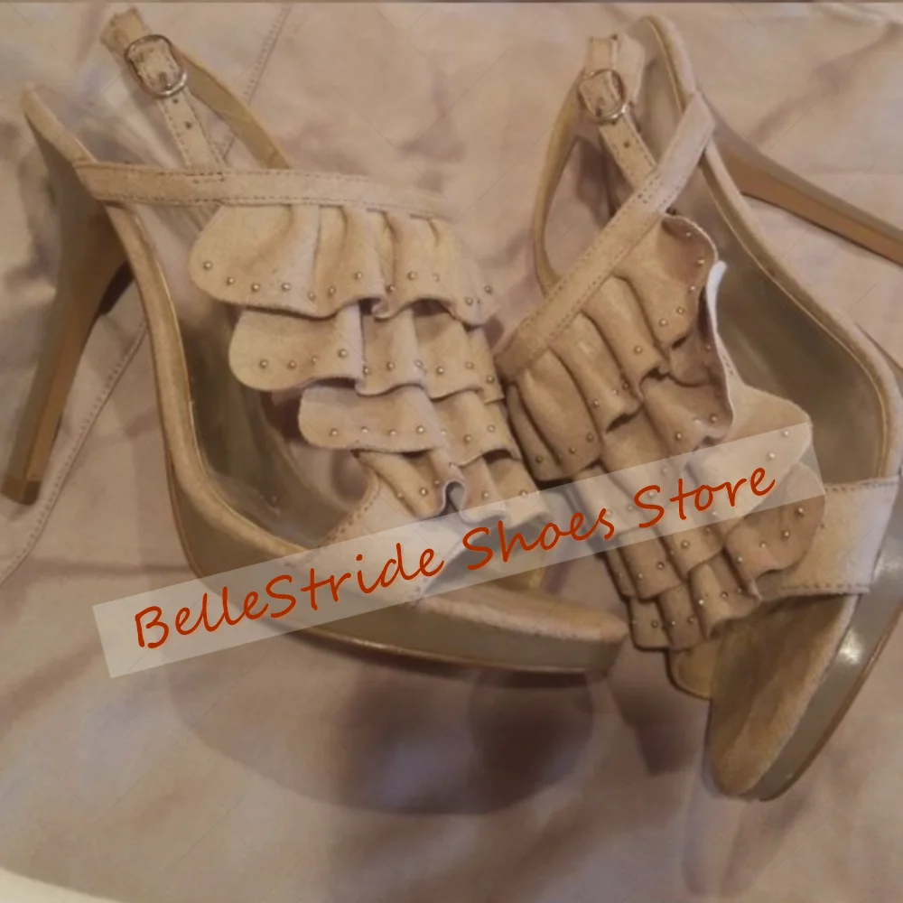 

Apricot Round Toe Ruffles Sandals Buckle Strap Fashion Women Shoes Thin High Heels Party Banquet Dating 2025 Zapatos Para Mujere