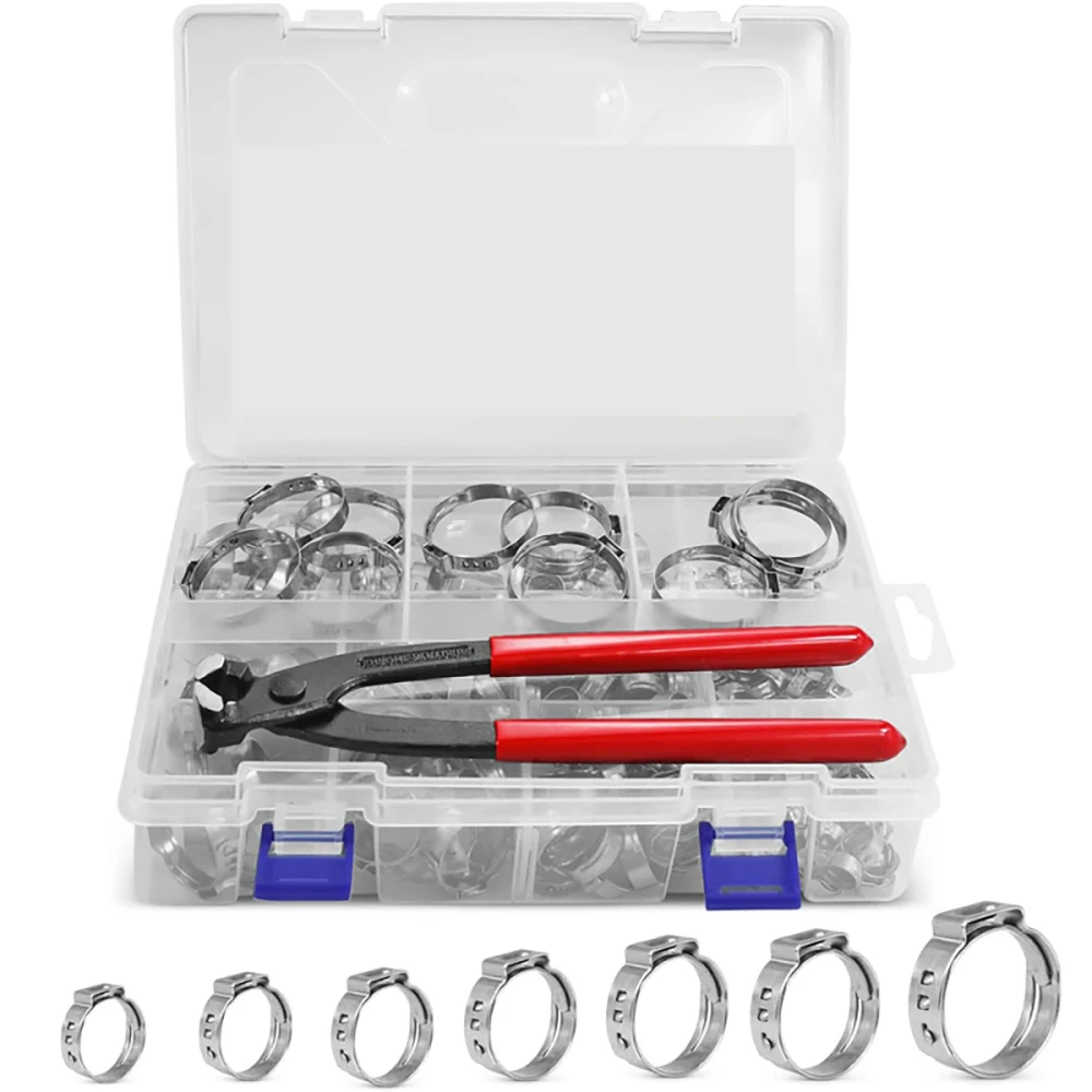 210Pcs Single Ear Hose Clamp Kit, 6-36.1mm 304 Stainless Steel ,With Pincer Tool,Fuel Line Clamps,For Automotive,Garden Hose