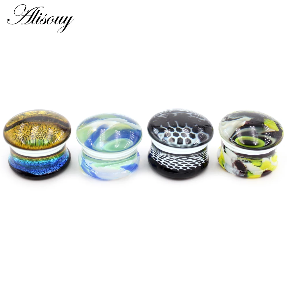Alisouy 2pcs Round Glass Spiral Striped Honeycomb Crack Ear Gauges Tunnels Plugs Flesh Stretcher Expander Piercing Body Jewelry