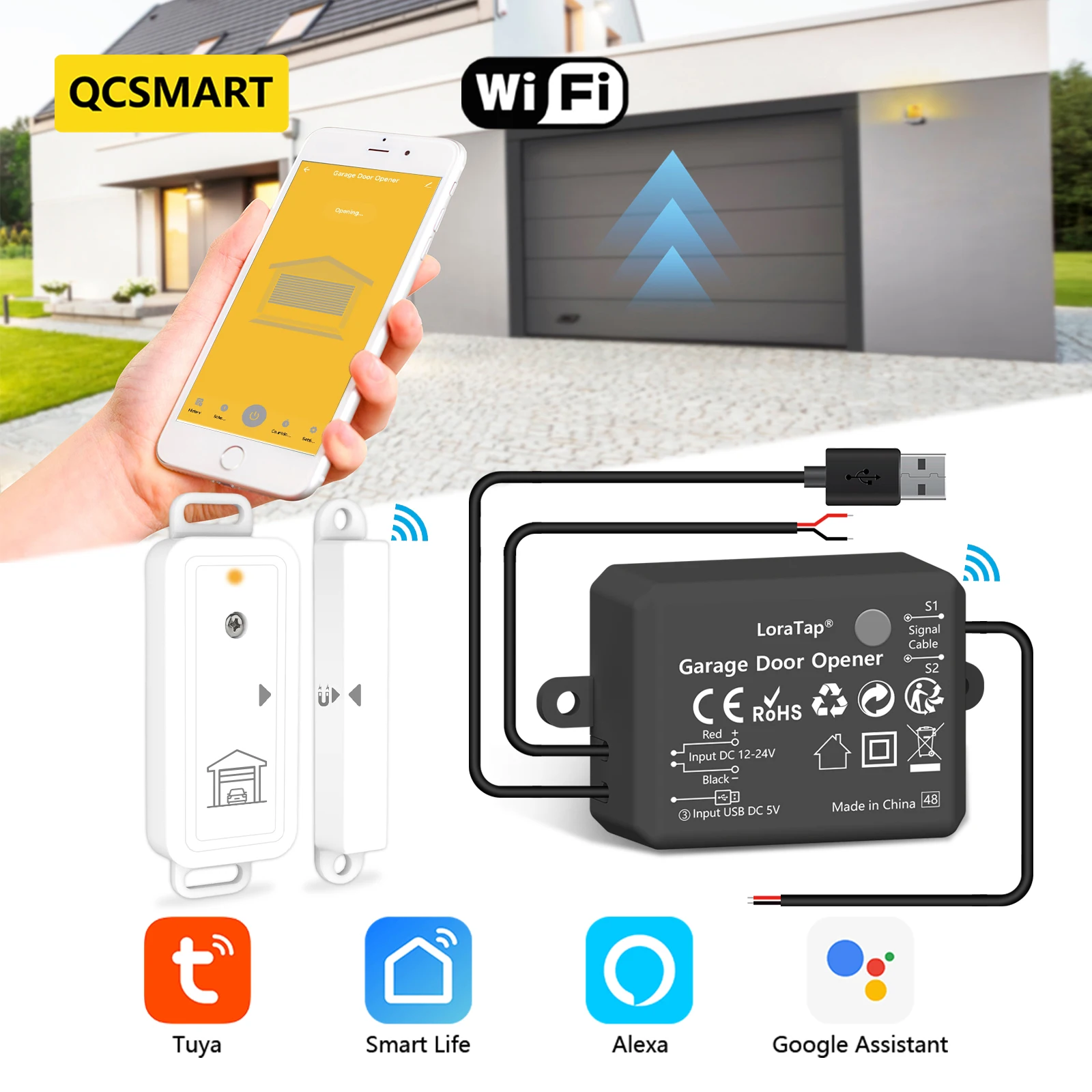 Tuya Smart Life Garage Door Wireless Door Sensor Opener Controller Contacts USB Charger Remote Control Google Assistant Alexa