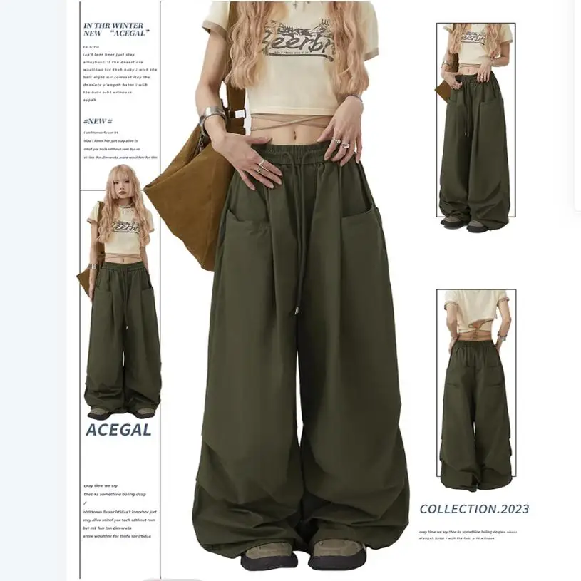 American Style Military Green Work Pants Unisex Loose Wide Leg Casual Trousers Drawstring Design Hip Hop Style Polyester Fiber