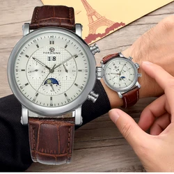 FORSINING Automatic Watch Mens Tourbillon Mechanical Waterproof  Leather Strap Moonphase Male Self-Winding Wristwatches Relogio