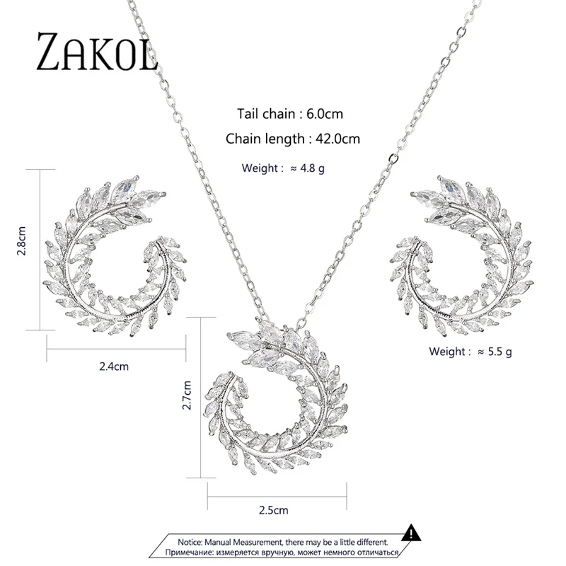 ZAKOL Fashion Leaf AAA Zircon Wedding Jewelry Sets For Women Party Gift Sliver Color Crystal Earrings Necklace Set Wholesale