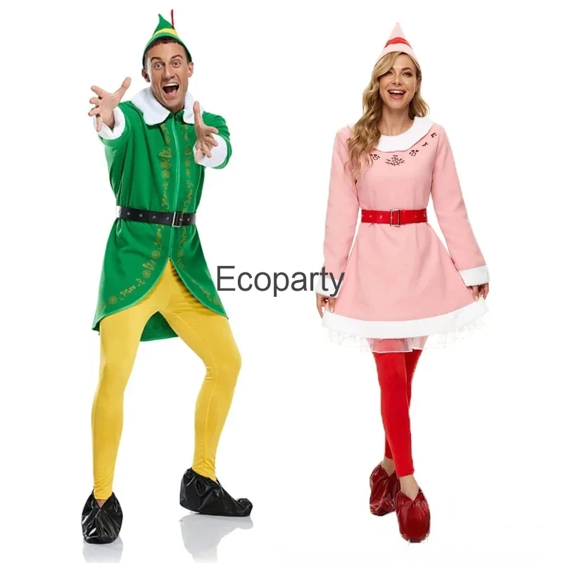 Disfraz de elfo de Navidad para hombres y mujeres, traje de Cosplay de Papá Noel para adultos, trajes de Cosplay para parejas, Carnaval de Navidad, fiesta de año nuevo, vestido elegante