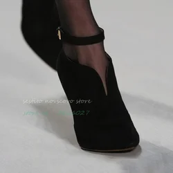 Pointed Toe Black Suede Ankle Boots V Collar Back Zip High Heels Sandals Booties Ankle Strap Buckle Sexy Ladies Dress Daily Shoe