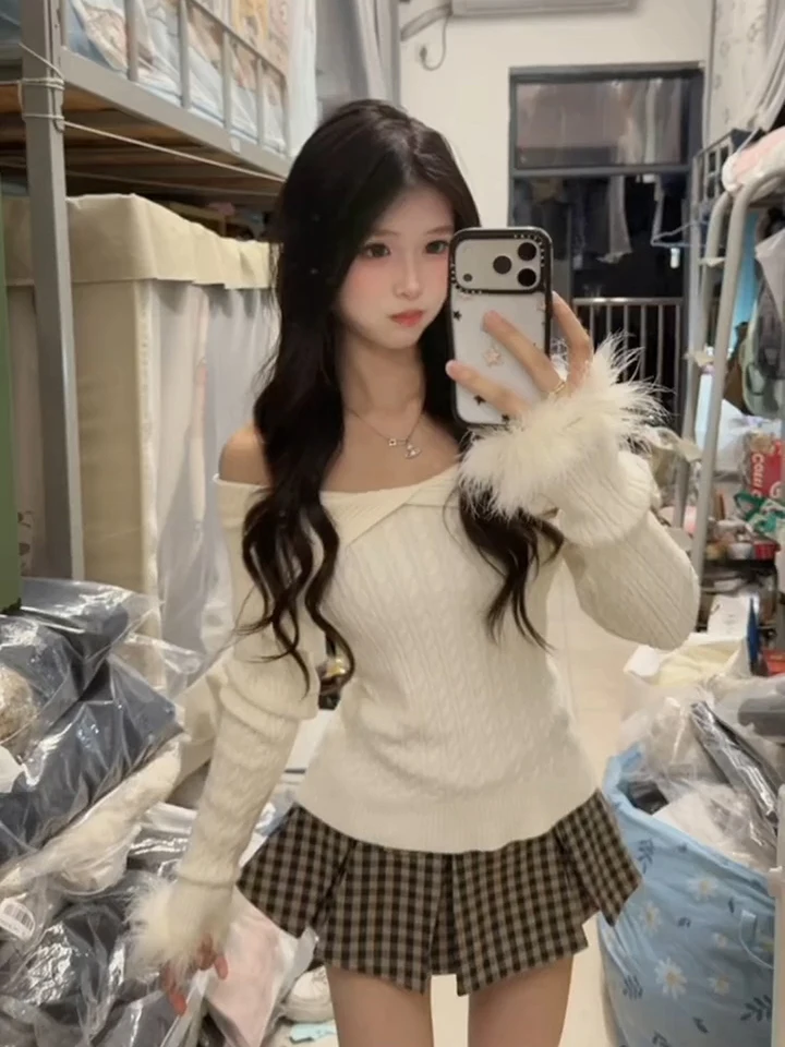 

Мягкий вязаный одно плечо с рюшами Sve, женский осенне-зимний облегающий пуловер, базовый топ, корейский Sle Commute Faion