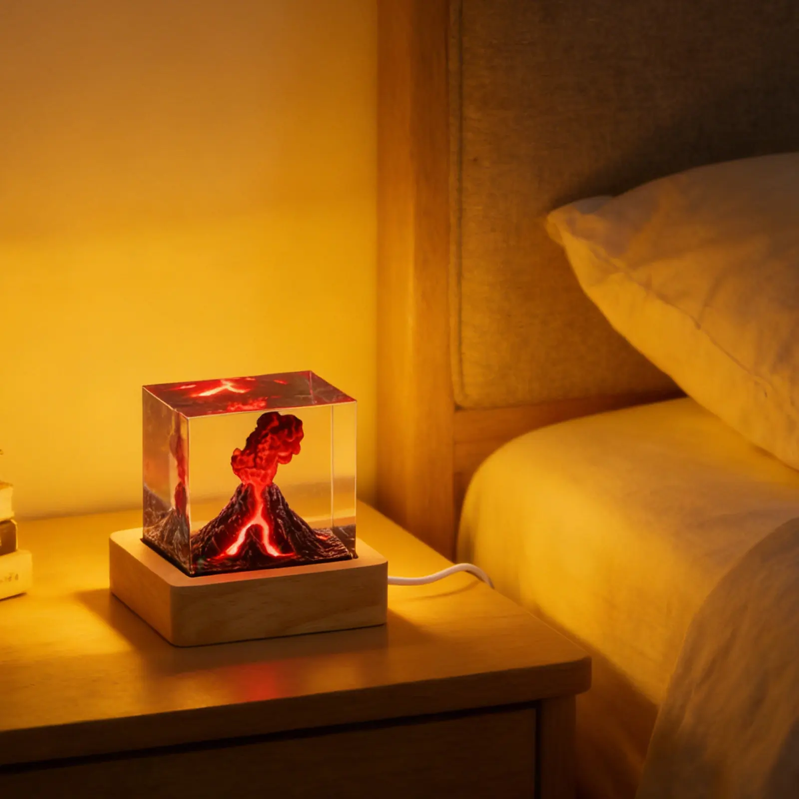 Volcano Cube Night Light Resin Lamp 2x2inch Wooden Base USB Cable Bedroom Office Creative Volcano Table Lamp Gift