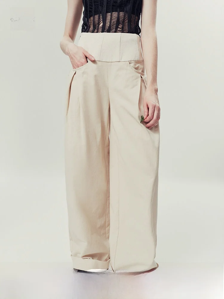 

AnnoMundi l Широкие брюки с высокой талией, свободного кроя, с цветовыми блоками, женские, из хлопка и льна, оригинальный дизайн, повседневные