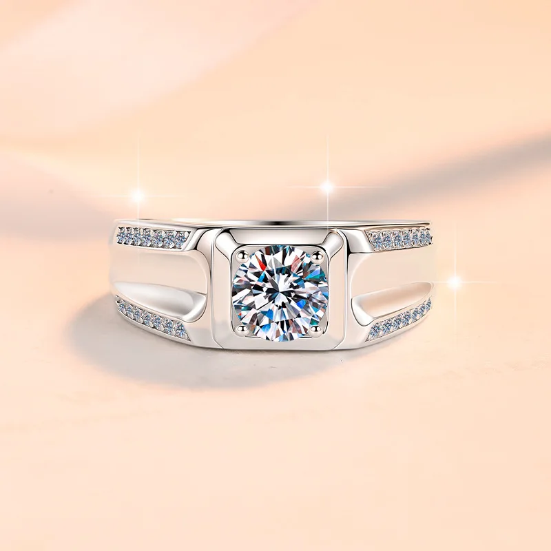 Masculine gift craft outfits double row concave halo ring for men with clear 2ct moissanite on polished PT950 platinum strips