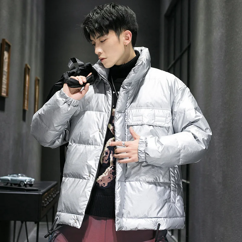 Winter Fashion Men's White Duck Down Stand Collar Bright Face Jacket Outdoor Sport Trekking Soft Shell Tooling Cargo Short Coat