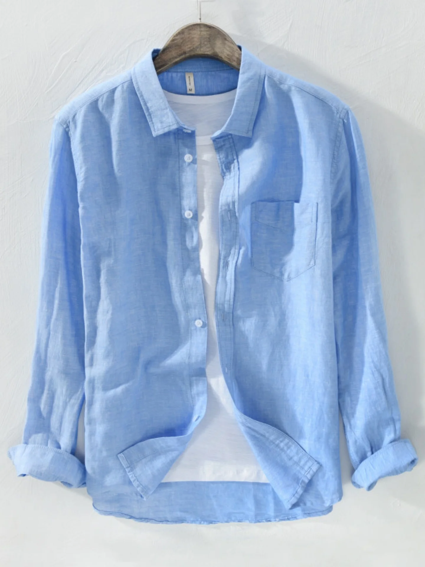 

Blue Linen Cotton Casual Loose Long Sleeve Shirt Men's Spring Summer Breathable Comfortable Anti-UV Sun Protection Fashionable