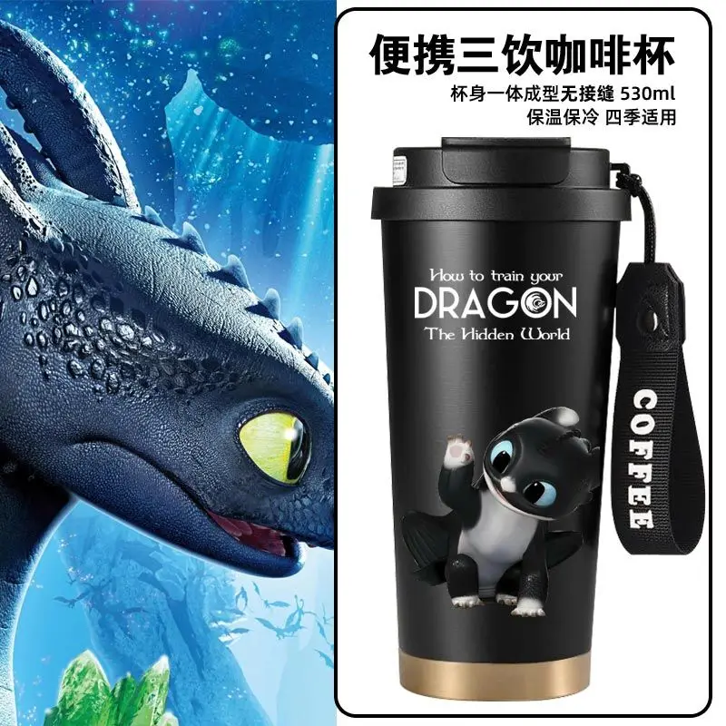 

How To Train Your Dragon Co-branded Insulated Bottle, Stainless Steel Hot Cold 3-Way Drink Coffee Cup with Lanyard Office Travel