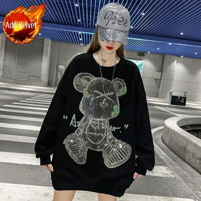 Women\'s Sweatshirt Sequin Woman Clothing Text Hip Hop Loose Baggy Top Glitter Rhinestone Black Pullovers Round Neck Graphic Long