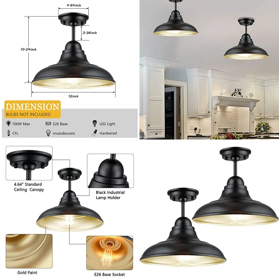 Farmhouse Semi Flush Mount Ceiling Lights, Modern Ceiling Light Fixture with Black Finish for Kitchen, Hallway, Entryway, Dinin