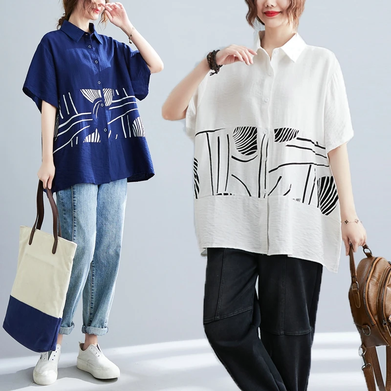 

Summer New plus Size Printed ort Sve Women's irt Artistic Splicing Open Cardigan Casual Cotton Ne Top