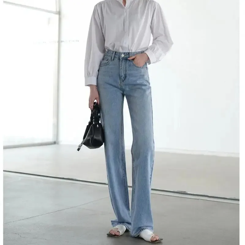 ZHISILAO Light Blue High Waist Straight Jeans Women Vintage Classic Blue Full Length Longer Jeans Spring 2024
