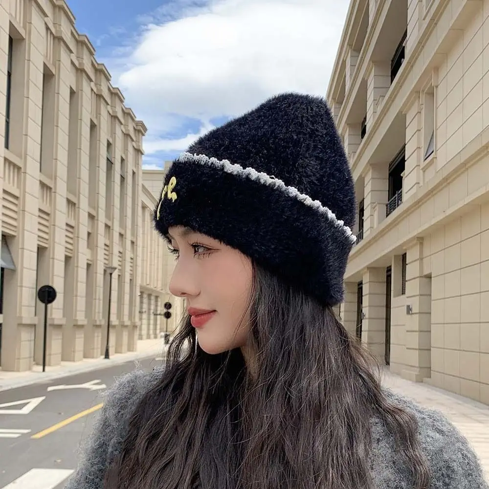 Casual Solid Color Bow Beanies Keep Warm Lace Edge Knitted Pullover Hat Wool Bowknot Ear Protection Cap Autumn/Winter