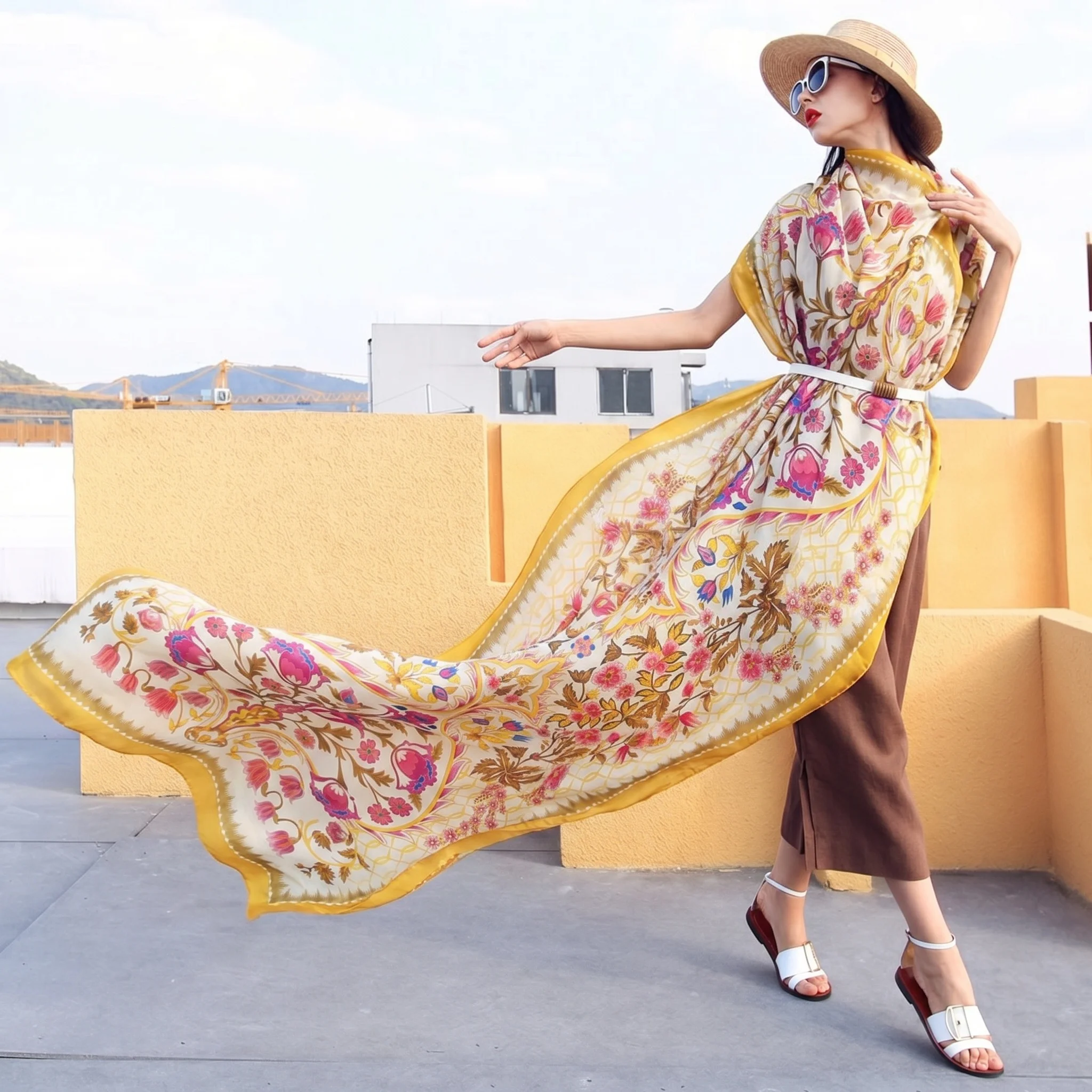 230*110cm Luxury Floral Print Silk Scarf Women Yellow Pink Bohemian Shawl Beach Wrap Headscarf Hijab Large Bandana for Vacation view 2