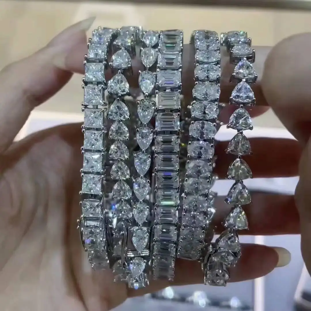 Cheap Mossanite Tennis Chain Emerald Oval Pear Heart Trillion 0.5CT Moissanite Miami Cuban Link Chain in Silver 925