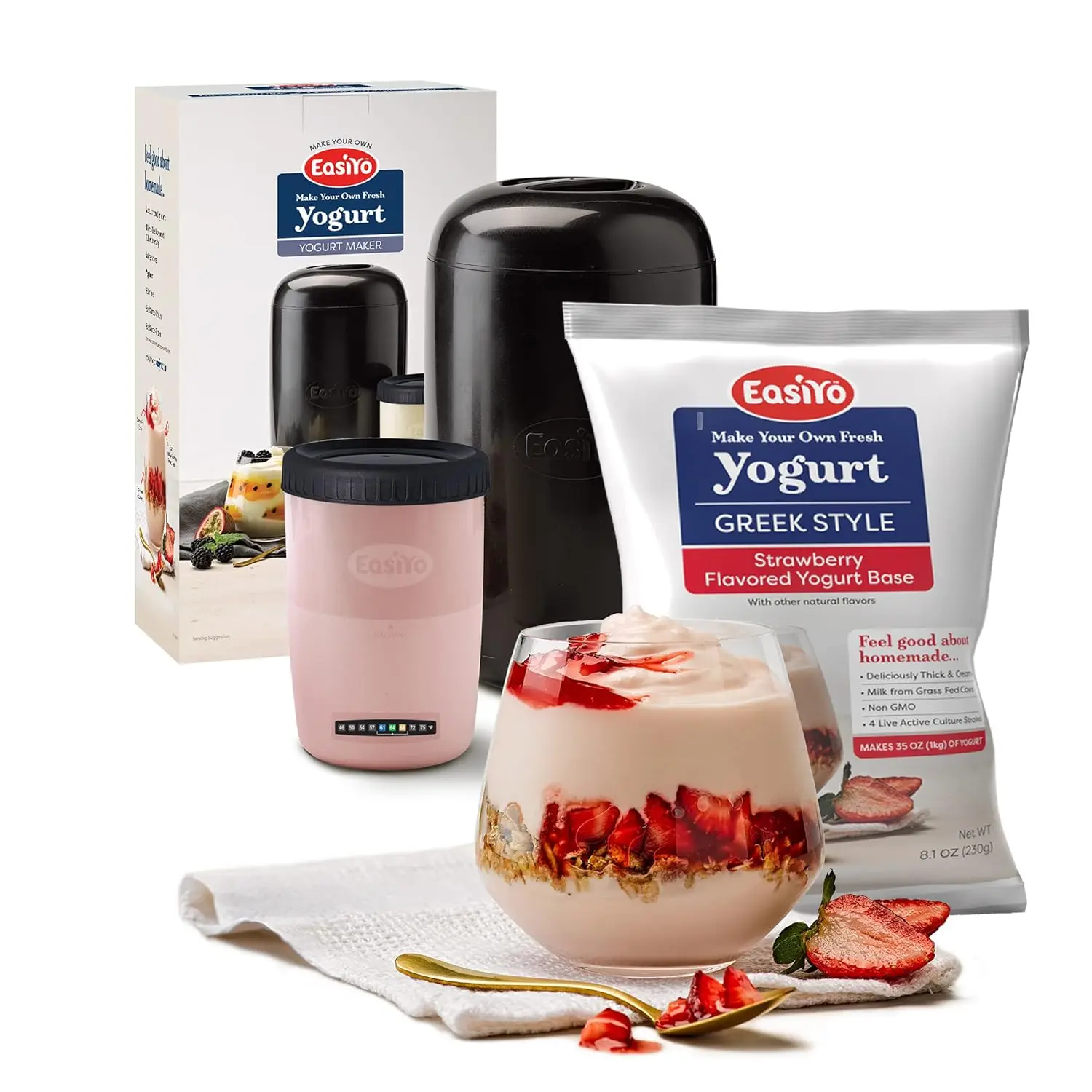 Kit para Hacer Yogur Casero con Sabor a Fresa Estilo Griego - 35oz, Rinde 7 Porciones, Fresco y Fácil de Preparar