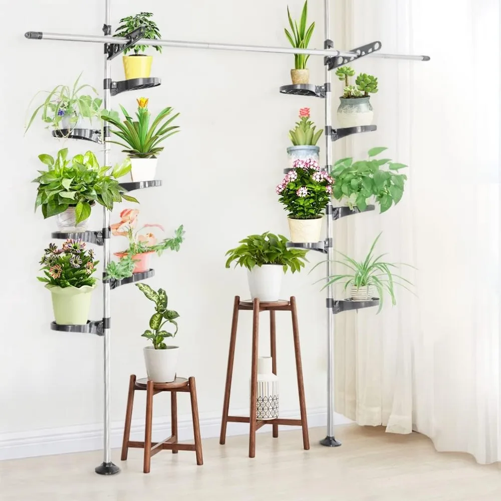 

Indoor Plant Pole Stand Double Tension Rods Flower Pot Storage Shelf Holders Floor to Ceiling Display Rack Hanger with 12 Trays