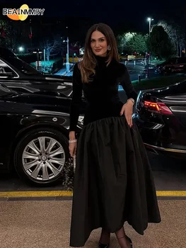 Elegantes schwarzes Samt-Spleißkleid, vielseitig einsetzbar, halbhoher Kragen, langärmelig, schmale Kleider, Mode 2025, modische Dame, Pendler-Robe