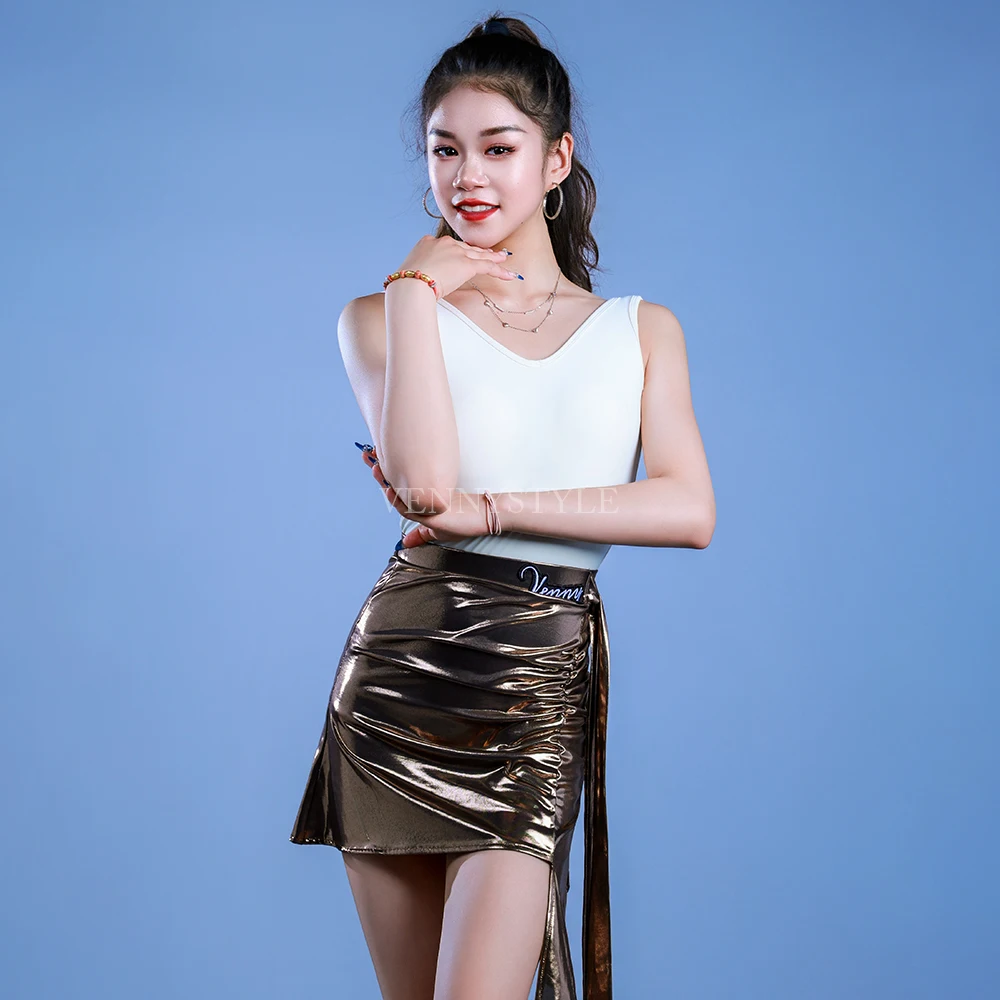 

Vennystyle Latin Dance Dress Kids Girls Ballroom Practice Wear Foil Print Skirt Asymmetric Hem Spaghetti Straps Leotard