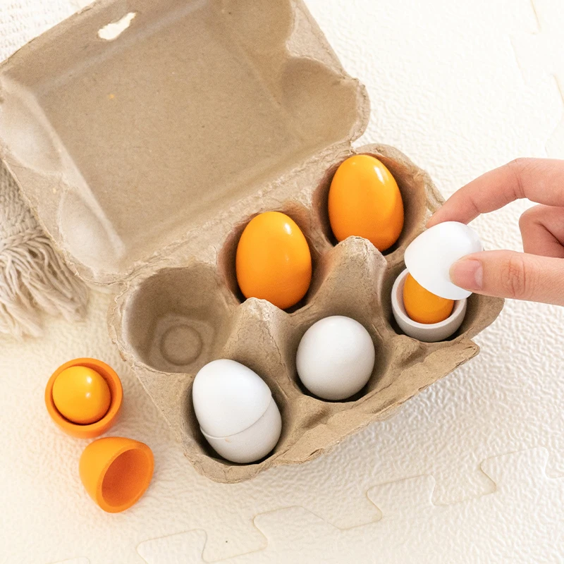 食べ物、卵黄、キッチンの食べ物、子供のおもちゃで遊んでいるふりをする子供用の模擬木製卵おもちゃ6個セット。