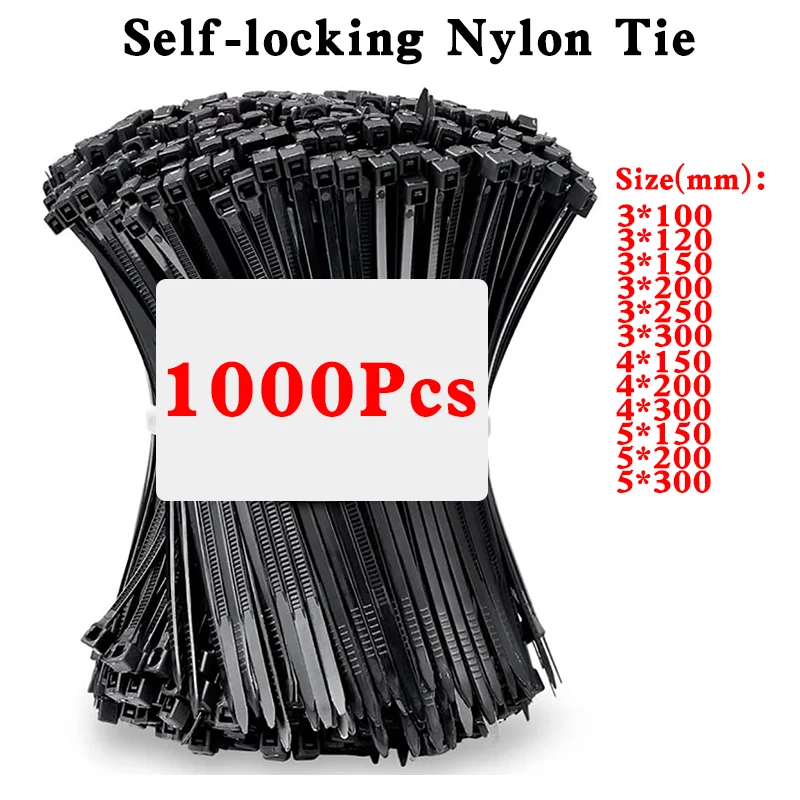 1000Pcs Self-locking Plastic Nylon Cable Tie White/Black 5X300mm Cable Tie Fastening Ring 3X200mm Cable Tie Zip Wraps Strap Tie